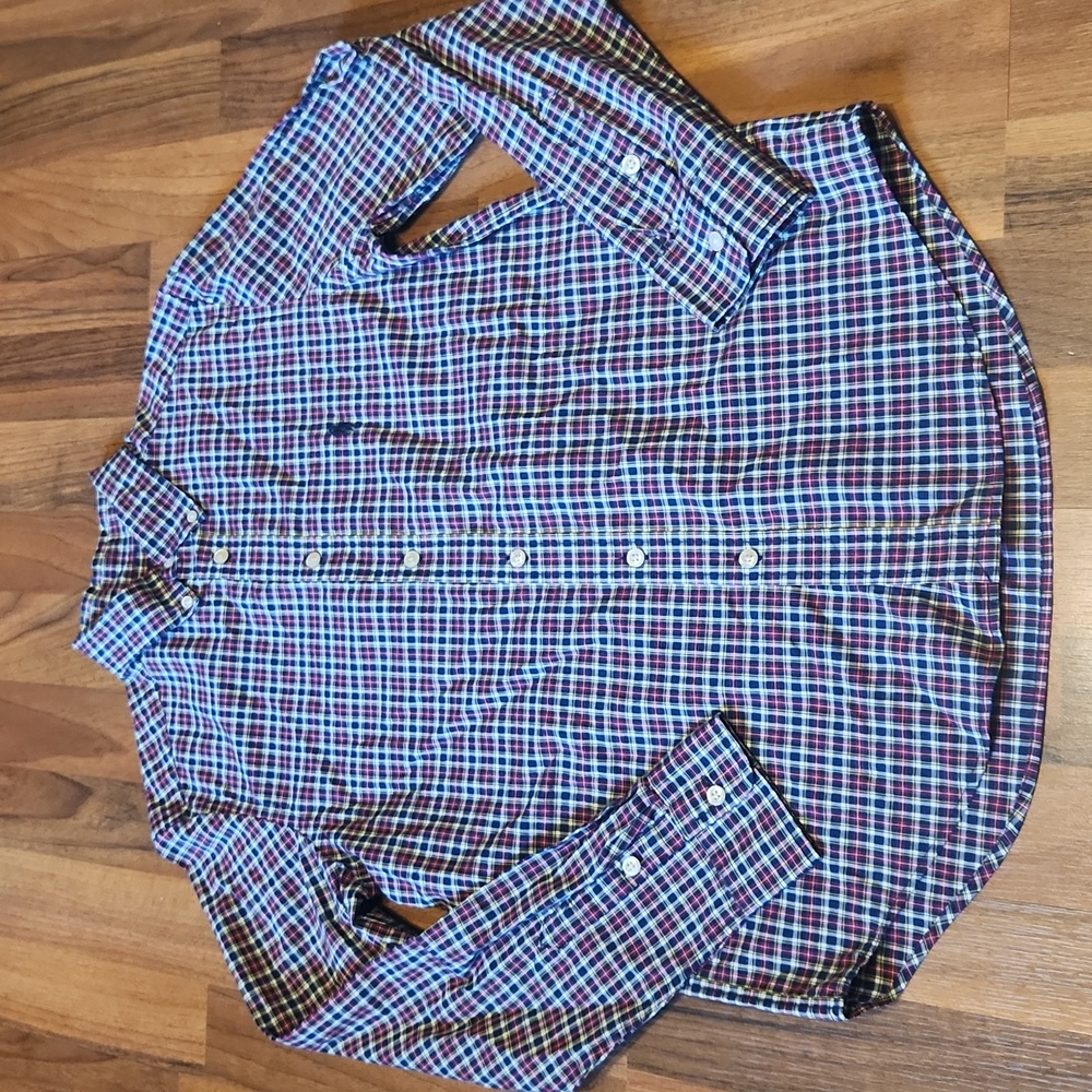 Ralph Lauren Polo Red Navy Classic Plaid Natural Stretch Button Down Shirt Large